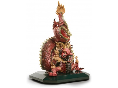 Protective Dragon Sculpture. Golden Luster and Red. Limited Edition