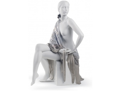 Nude with Shawl Woman Figurine. Silver Lustre