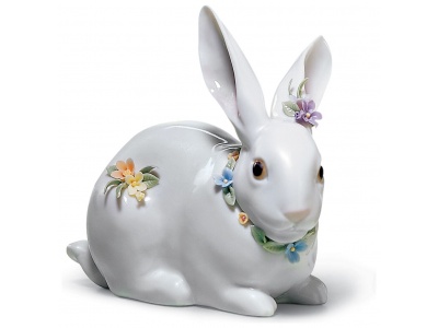 Attentive Bunny with Flowers Figurine