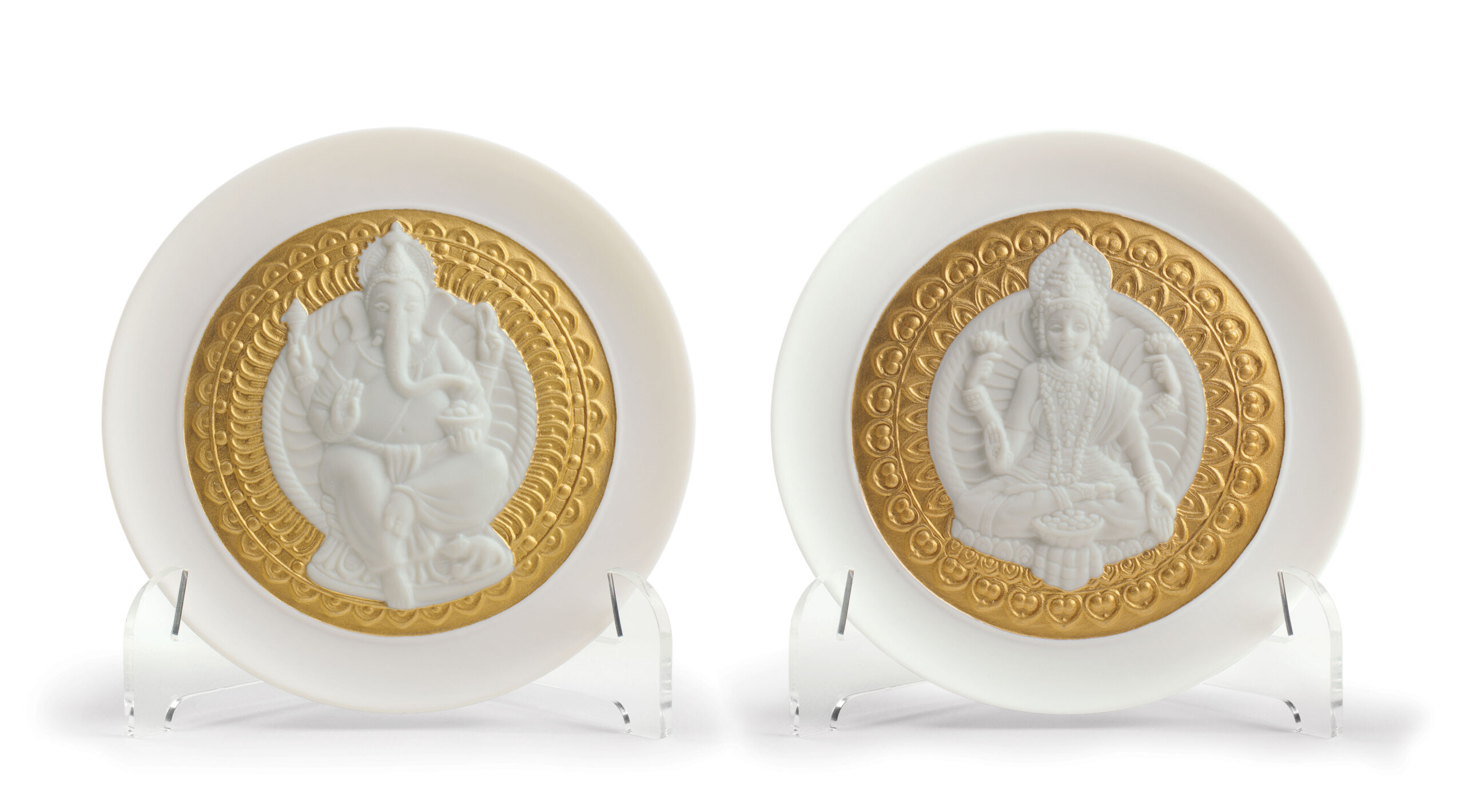 Goddes Lakshmi and Lord Ganesha Decorative Plates Set. Golden Lustre 3 Goddes Lakshmi and Lord Ganesha Decorative Plates Set. Golden Lustre 3