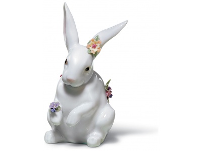 Sitting Bunny with Flowers Figurine