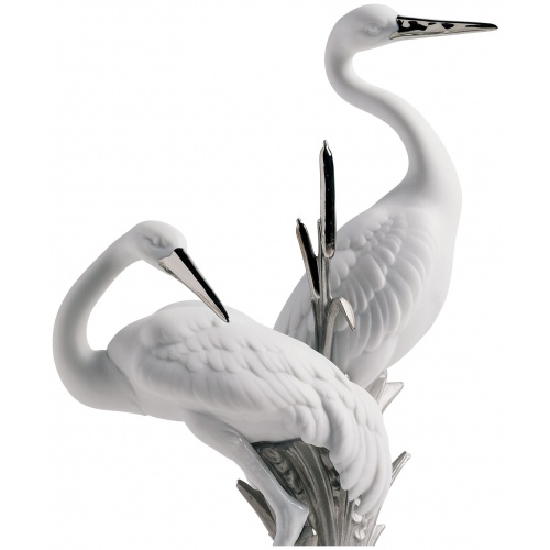 Courting Cranes Sculpture. Silver Lustre 6