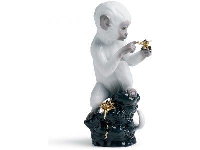 Curiosity Monkey on Black Rock Figurine